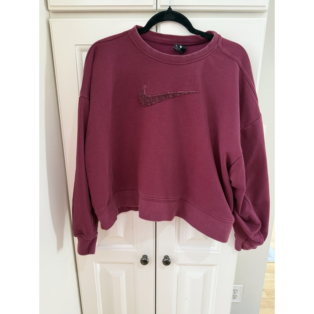 Nike XL Burgundy Cropped Sweatshirt Glitter Swoosh Pullover Cozy Y2K EUC